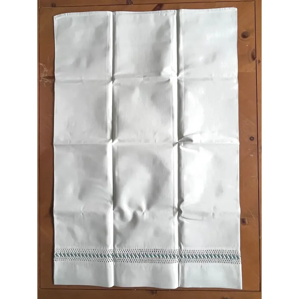Set of 2 Vintage White Pillowcases Crocheted Lace Inset with Woven Green Ribbon